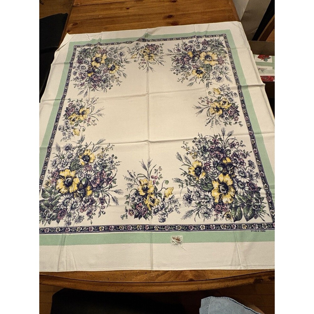 Vintage 1940S 50S 60S Tablecloth White Floral PARIS Green Navy Yellow 45”x50”